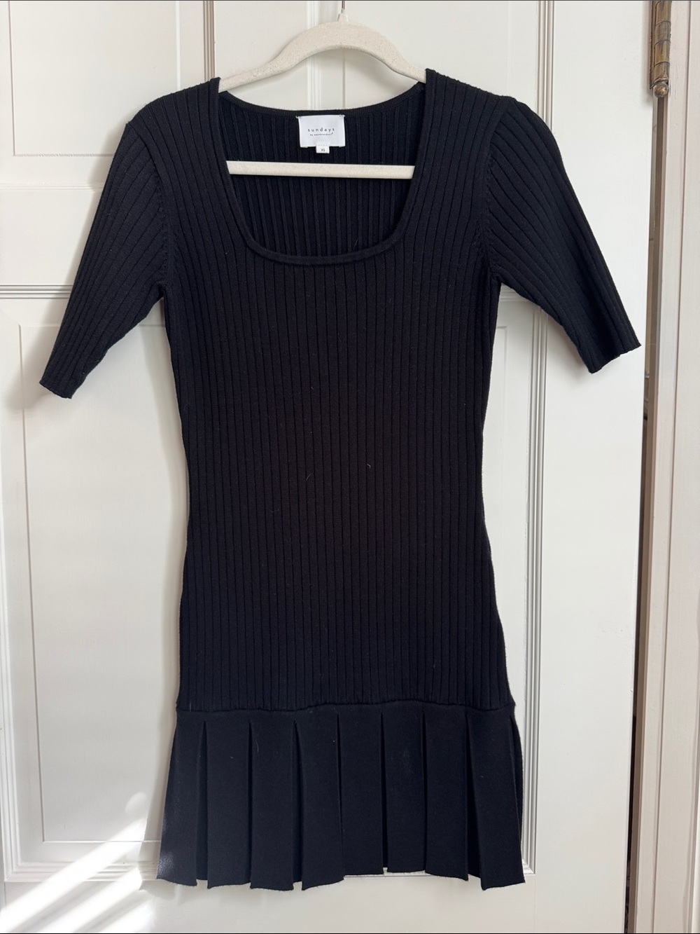 sundays Black Ribbed Scoop Neck Mini Dress with Pleated Hem